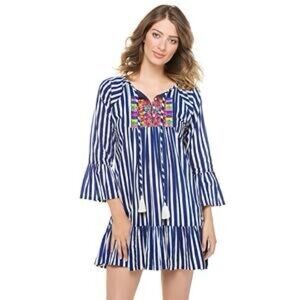 Roller Rabbit. Stripped Tiered Dress w/Embroidery & Tassels. Blue & White. Small